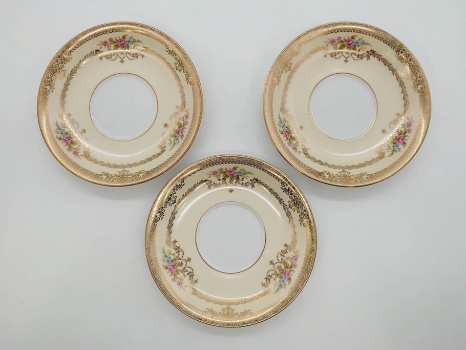 オールドノリタケ　NORITAKE　金彩　ティータイムが華やかになるティーカップ&ソーサー3客セット(花、フラワー、C&S、洋食器)(R-074119)