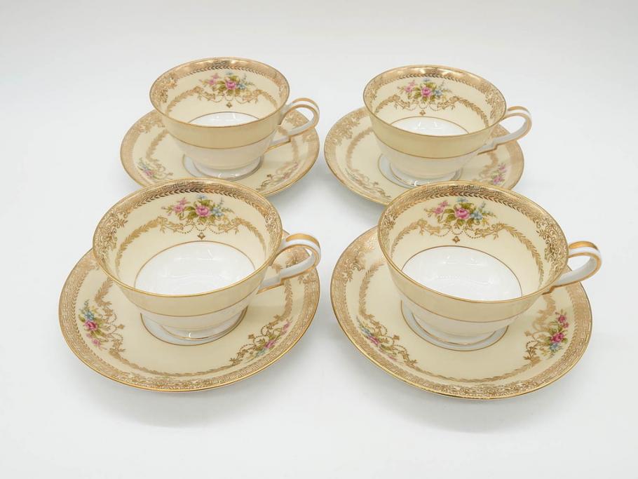 オールドノリタケ　NORITAKE　金彩　ティータイムが華やかになるティーカップ&ソーサー4客セット(花、フラワー、C&S、洋食器)(R-074120)