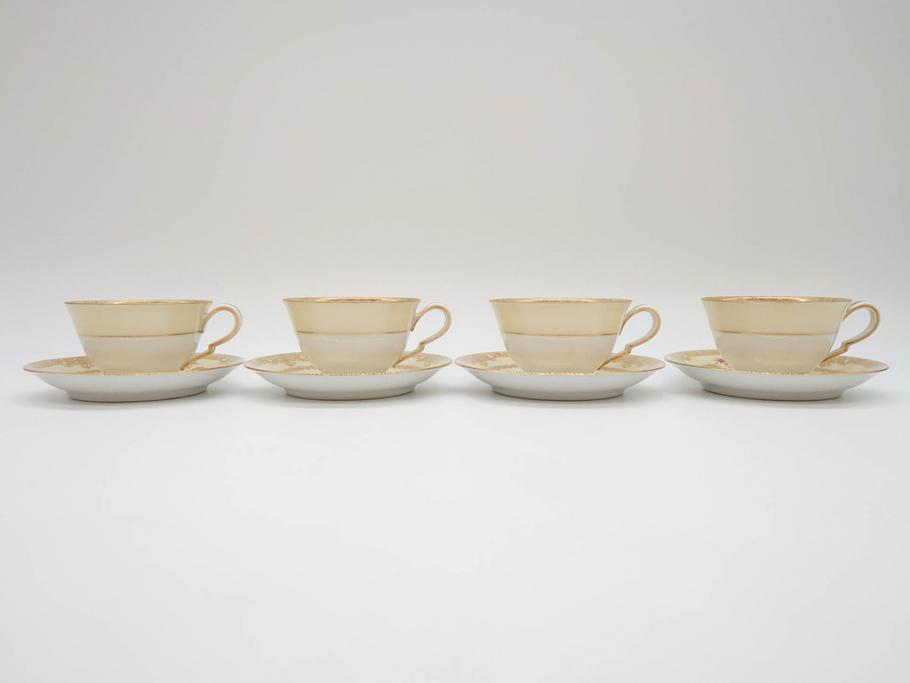 オールドノリタケ　NORITAKE　金彩　ティータイムが華やかになるティーカップ&ソーサー4客セット(花、フラワー、C&S、洋食器)(R-074120)