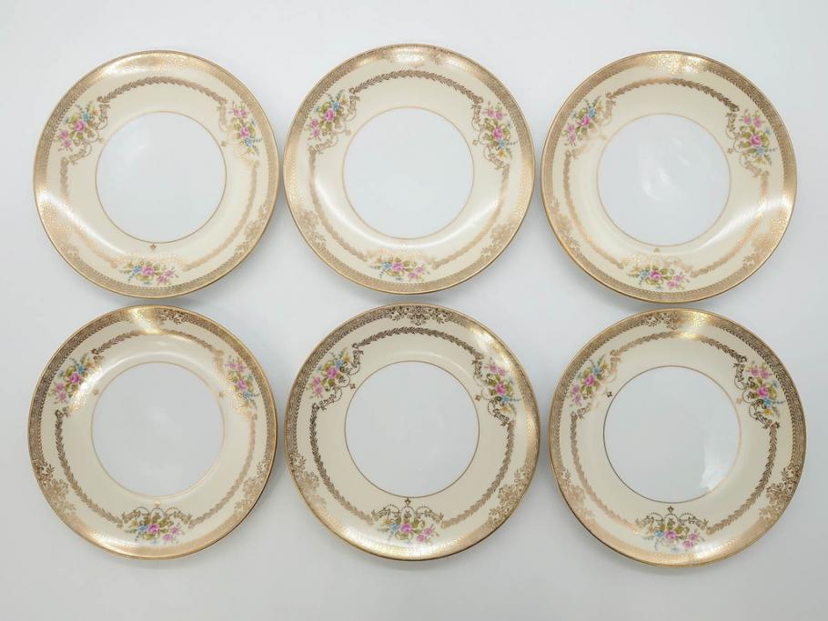 オールドノリタケ　NORITAKE　金彩　繊細なデザインが煌びやかな印象を与えるプレート6枚セット(花、フラワー、皿、洋食器)(R-074122)