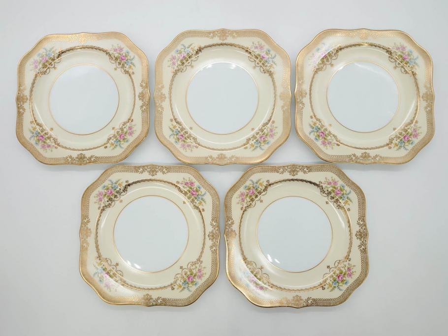 オールドノリタケ　NORITAKE　金彩　洗練されたフォルムが優雅な雰囲気を醸し出すプレート5枚セット(花、フラワー、皿、洋食器)(R-074123)