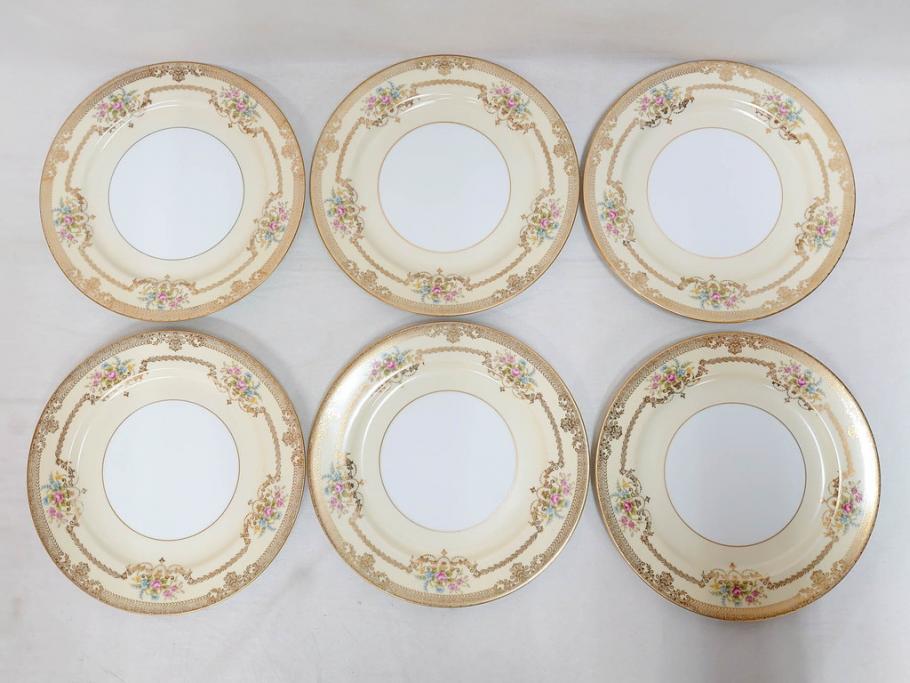 オールドノリタケ　NORITAKE　金彩　ゴールドのデザインが高級感を高めるプレート6枚セット(花、フラワー、皿、洋食器)(R-074125)