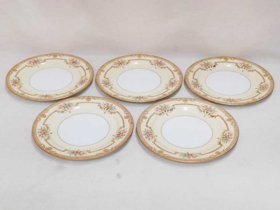 オールドノリタケ　NORITAKE　金彩　ゴールドのデザインが高級感を高めるプレート5枚セット(花、フラワー、皿、洋食器)(R-074126)