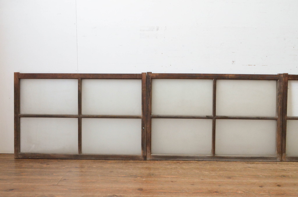 アンティーク建具　古い木味のガラス窓4枚セット(ガラス戸、引き戸)(R-065036)