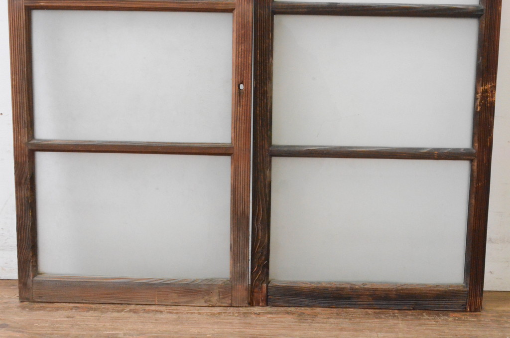 アンティーク建具 古い木味の横桟ガラス窓2枚セット引き戸、ガラス戸
