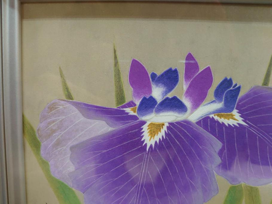 【真作】 京都　日本画家　井上富夫　「花菖蒲」(共シール、絵画、額装、箱付き)(R-074131)