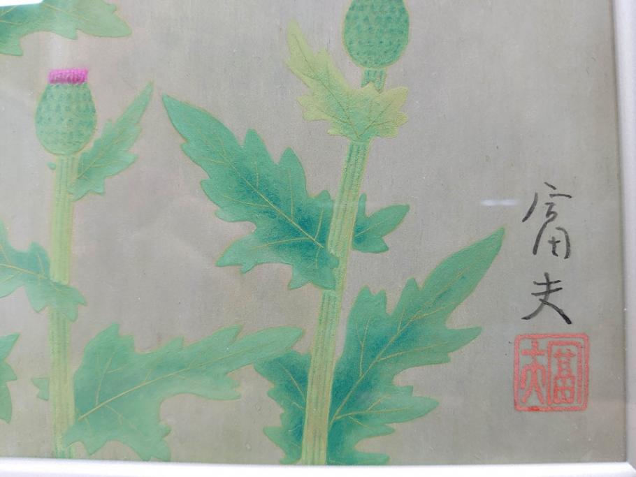 真作　京都　日本画家　井上富夫　「薊」(アザミ、共シール、絵画、額装、箱付き)(R-074133)