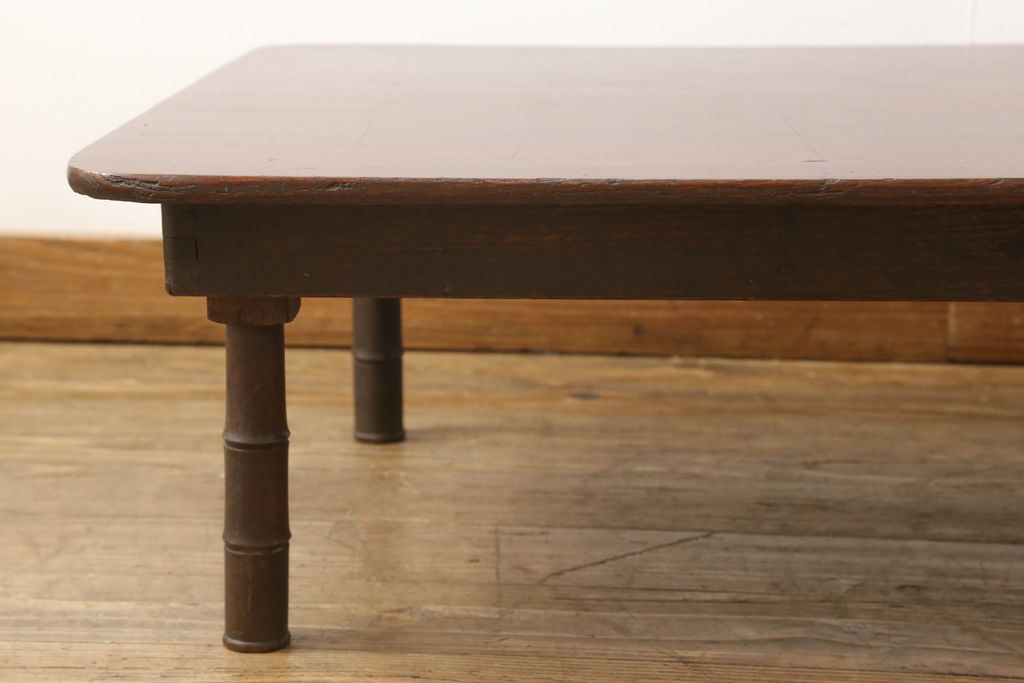 和製アンティーク　大正昭和初期　ヒノキ材　竹をデザインした脚が和の趣を感じさせる角ちゃぶ台(座卓、ローテーブル、折りたたみテーブル)(R-051417)