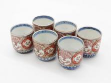 江戸期　古伊万里　染付　テーブルのアクセントになるお猪口6客セット(金彩、扇、梅、花、蕎麦猪口、酒器、おちょこ、御猪口、湯呑み、湯のみ、和食器)(R-079562)