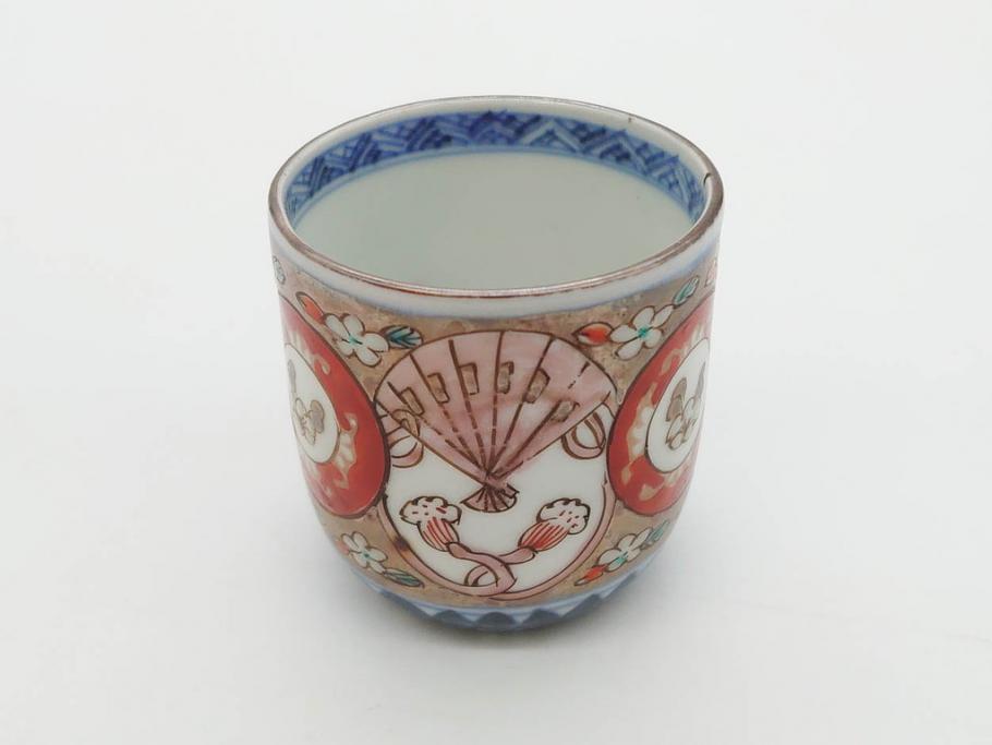 江戸期　古伊万里　染付　テーブルのアクセントになるお猪口6客セット(金彩、扇、梅、花、蕎麦猪口、酒器、おちょこ、御猪口、湯呑み、湯のみ、和食器)(R-079562)