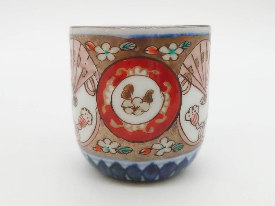 江戸期　古伊万里　染付　テーブルのアクセントになるお猪口6客セット(金彩、扇、梅、花、蕎麦猪口、酒器、おちょこ、御猪口、湯呑み、湯のみ、和食器)(R-079562)
