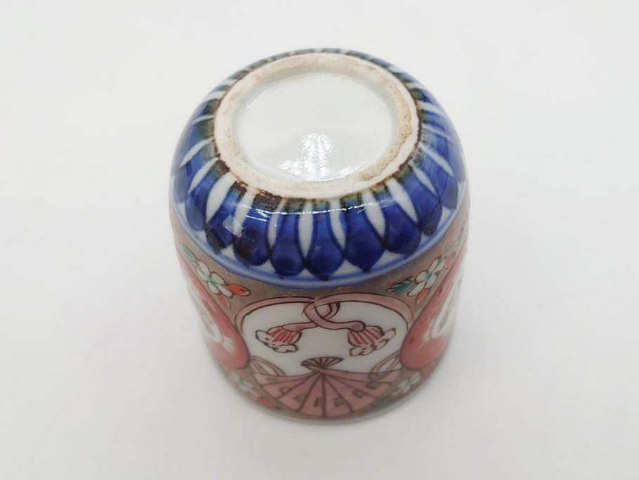 江戸期　古伊万里　染付　テーブルのアクセントになるお猪口6客セット(金彩、扇、梅、花、蕎麦猪口、酒器、おちょこ、御猪口、湯呑み、湯のみ、和食器)(R-079562)