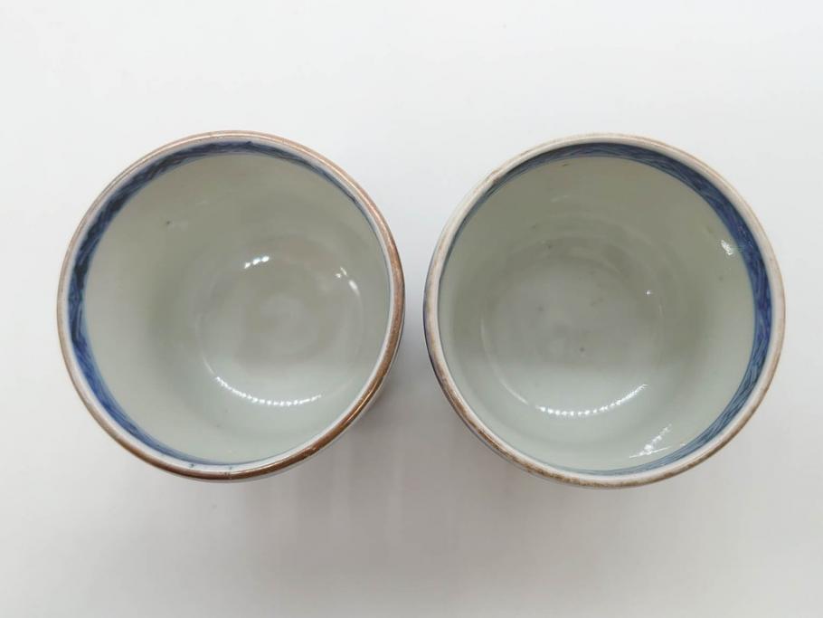 江戸期　古伊万里　染付　テーブルのアクセントになるお猪口6客セット(金彩、扇、梅、花、蕎麦猪口、酒器、おちょこ、御猪口、湯呑み、湯のみ、和食器)(R-079562)
