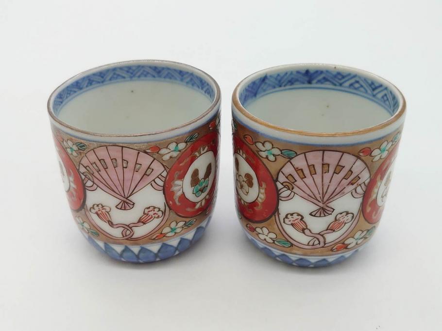 江戸期　古伊万里　染付　テーブルのアクセントになるお猪口6客セット(金彩、扇、梅、花、蕎麦猪口、酒器、おちょこ、御猪口、湯呑み、湯のみ、和食器)(R-079562)