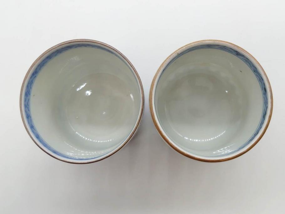 江戸期　古伊万里　染付　テーブルのアクセントになるお猪口6客セット(金彩、扇、梅、花、蕎麦猪口、酒器、おちょこ、御猪口、湯呑み、湯のみ、和食器)(R-079562)