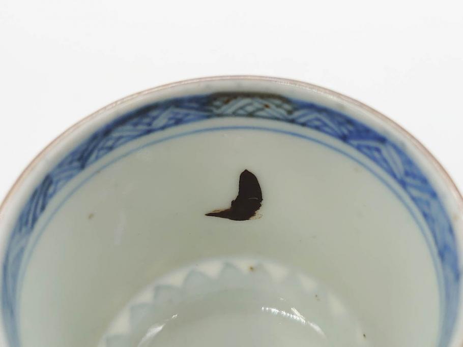 江戸期　古伊万里　染付　テーブルのアクセントになるお猪口6客セット(金彩、扇、梅、花、蕎麦猪口、酒器、おちょこ、御猪口、湯呑み、湯のみ、和食器)(R-079562)