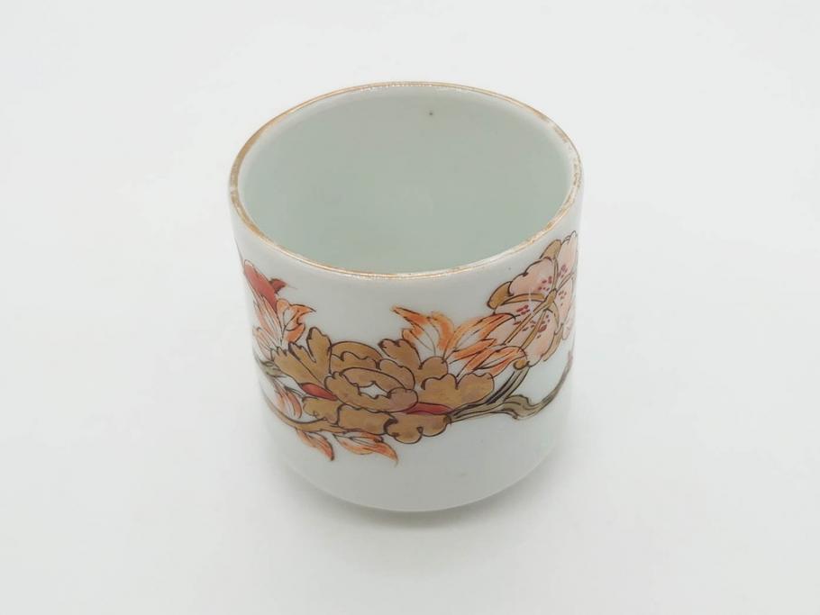 江戸期　古伊万里　染付　牡丹のデザインが上品なお猪口5客セット(金彩、ちょう、蝶、花、蕎麦猪口、酒器、おちょこ、御猪口、湯呑み、湯のみ、和食器)(R-079563)