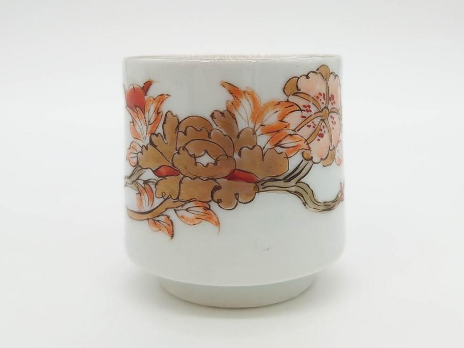 江戸期　古伊万里　染付　牡丹のデザインが上品なお猪口5客セット(金彩、ちょう、蝶、花、蕎麦猪口、酒器、おちょこ、御猪口、湯呑み、湯のみ、和食器)(R-079563)