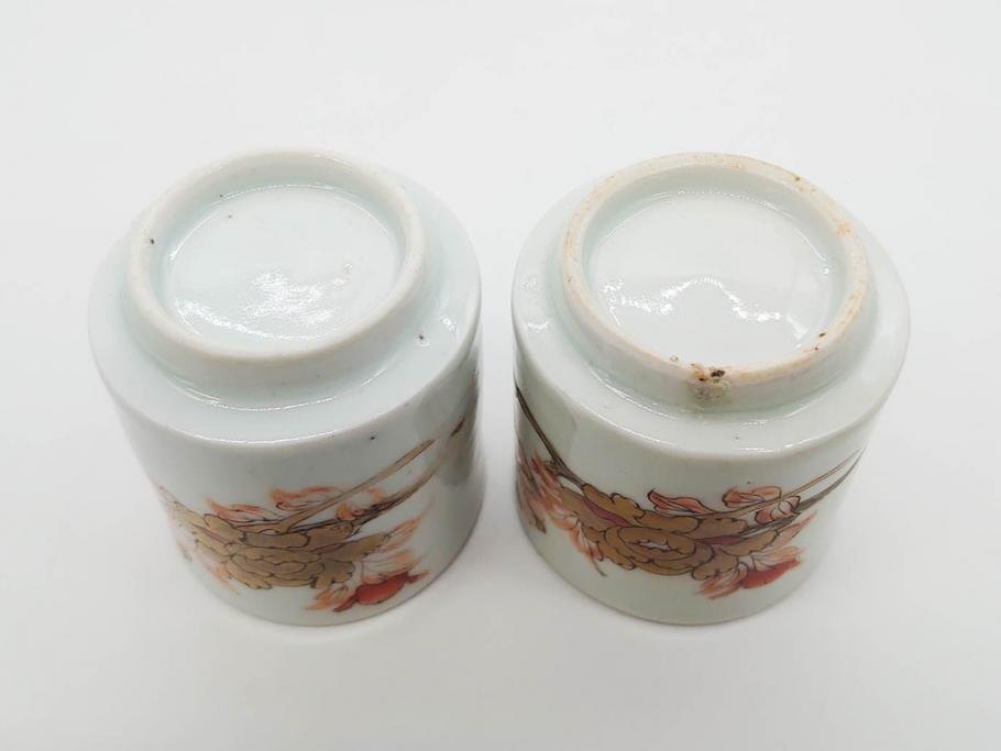 江戸期　古伊万里　染付　牡丹のデザインが上品なお猪口5客セット(金彩、ちょう、蝶、花、蕎麦猪口、酒器、おちょこ、御猪口、湯呑み、湯のみ、和食器)(R-079563)
