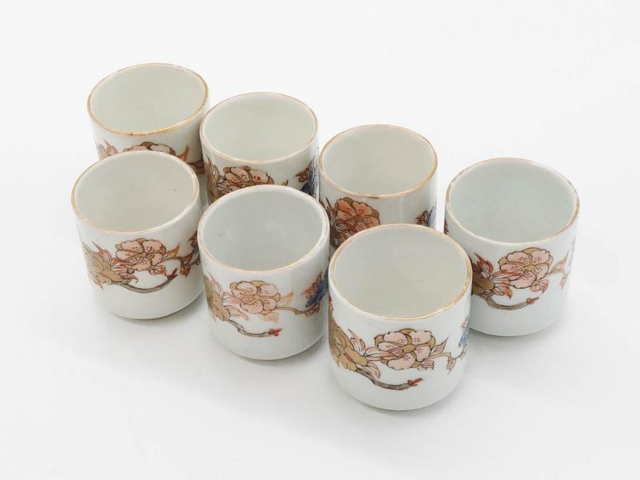 江戸期　古伊万里　染付　緻密な絵付けが美しいお猪口7客セット(金彩、ちょう、蝶、花、蕎麦猪口、酒器、おちょこ、御猪口、湯呑み、湯のみ、和食器)(R-079565)