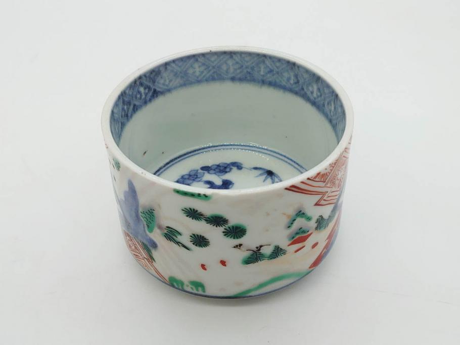 江戸期　古伊万里　染付　5.1寸・2.9寸　匠の美技が光る鉢2点&蓋付き湯呑みセット(山水図、楼閣図、風景、松竹梅、吉祥文様、煎茶、湯のみ、金彩、深皿、中皿、和食器、和皿、五寸一分、二寸九分)(R-079568)