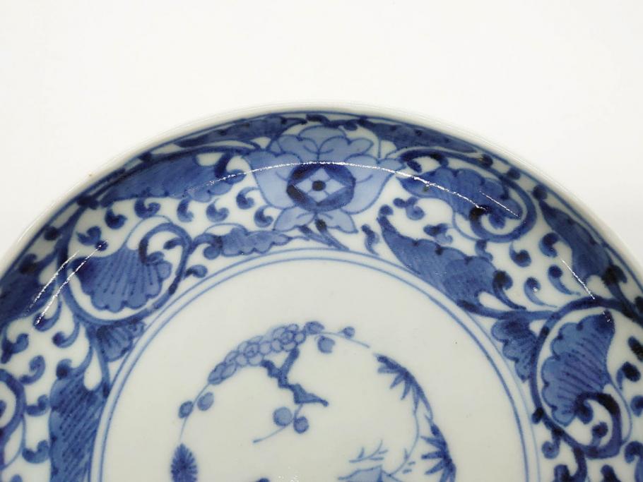 江戸期　古伊万里　染付　冨貴長春　松竹梅　牡丹唐草文様　約17cm　5.6寸　雅な絵付けに目を奪われる中皿3枚セット(窓絵、和皿、和食器、五寸六分)(R-079572)