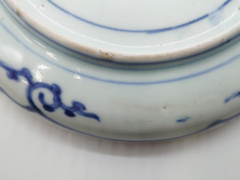 江戸期　古伊万里　染付　冨貴長春　松竹梅　牡丹唐草文様　約17cm　5.6寸　雅な絵付けに目を奪われる中皿3枚セット(窓絵、和皿、和食器、五寸六分)(R-079572)