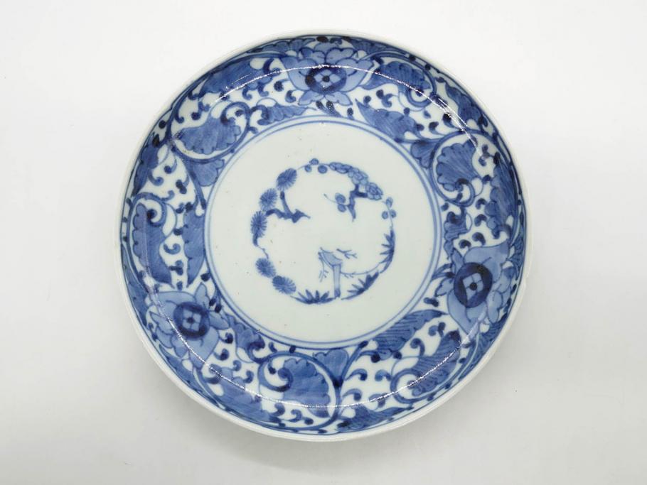 江戸期　古伊万里　染付　冨貴長春　松竹梅　牡丹唐草文様　約17cm　5.6寸　雅な絵付けに目を奪われる中皿3枚セット(窓絵、和皿、和食器、五寸六分)(R-079572)