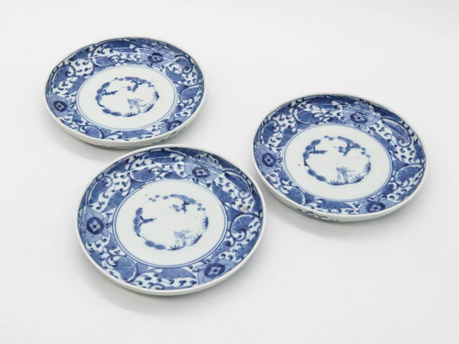 江戸期　古伊万里　染付　冨貴長春　松竹梅　牡丹唐草文様　約17cm　5.6寸　繊細な絵付けに魅了される中皿3枚セット(窓絵、和皿、和食器、五寸六分)(R-079573)