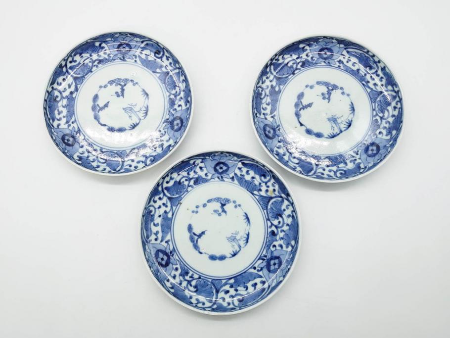 江戸期　古伊万里　染付　冨貴長春　松竹梅　牡丹唐草文様　約17cm　5.6寸　繊細な絵付けに魅了される中皿3枚セット(窓絵、和皿、和食器、五寸六分)(R-079573)