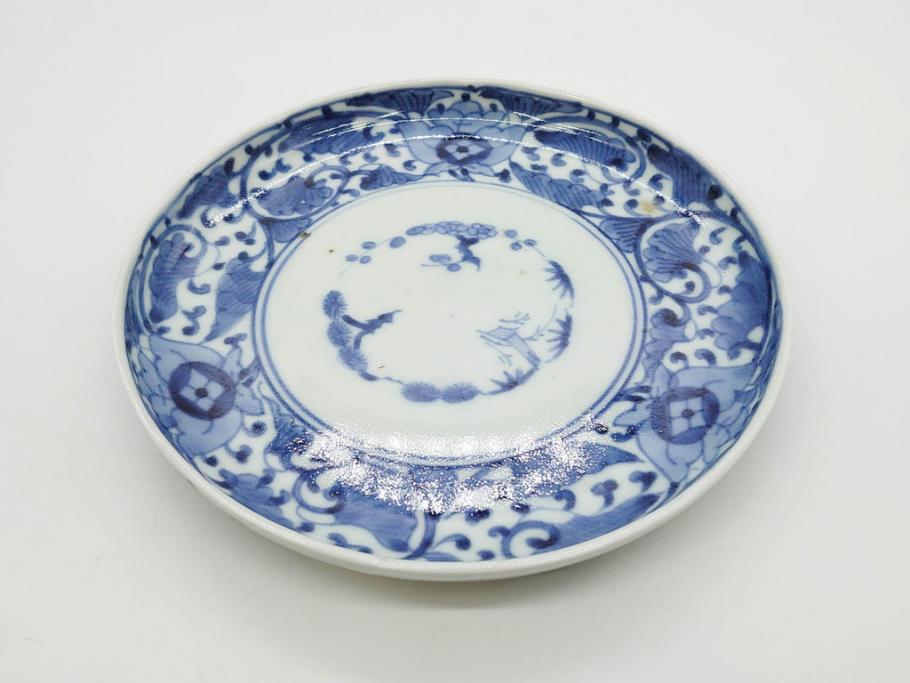 江戸期　古伊万里　染付　冨貴長春　松竹梅　牡丹唐草文様　約17cm　5.6寸　繊細な絵付けに魅了される中皿3枚セット(窓絵、和皿、和食器、五寸六分)(R-079573)