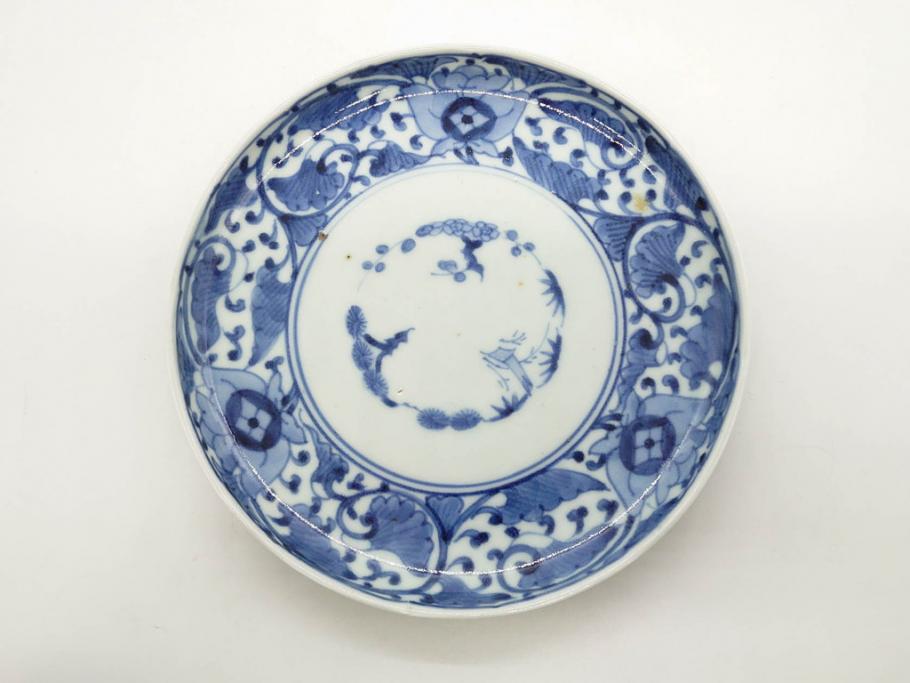 江戸期　古伊万里　染付　冨貴長春　松竹梅　牡丹唐草文様　約17cm　5.6寸　繊細な絵付けに魅了される中皿3枚セット(窓絵、和皿、和食器、五寸六分)(R-079573)
