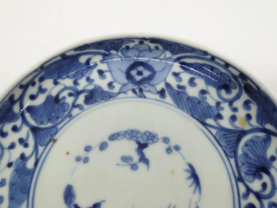 江戸期　古伊万里　染付　冨貴長春　松竹梅　牡丹唐草文様　約17cm　5.6寸　繊細な絵付けに魅了される中皿3枚セット(窓絵、和皿、和食器、五寸六分)(R-079573)