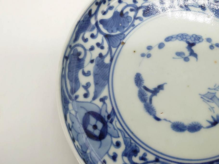 江戸期　古伊万里　染付　冨貴長春　松竹梅　牡丹唐草文様　約17cm　5.6寸　繊細な絵付けに魅了される中皿3枚セット(窓絵、和皿、和食器、五寸六分)(R-079573)