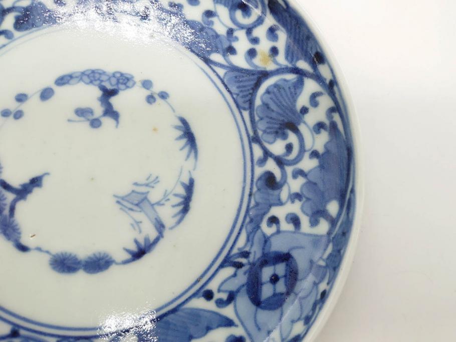 江戸期　古伊万里　染付　冨貴長春　松竹梅　牡丹唐草文様　約17cm　5.6寸　繊細な絵付けに魅了される中皿3枚セット(窓絵、和皿、和食器、五寸六分)(R-079573)