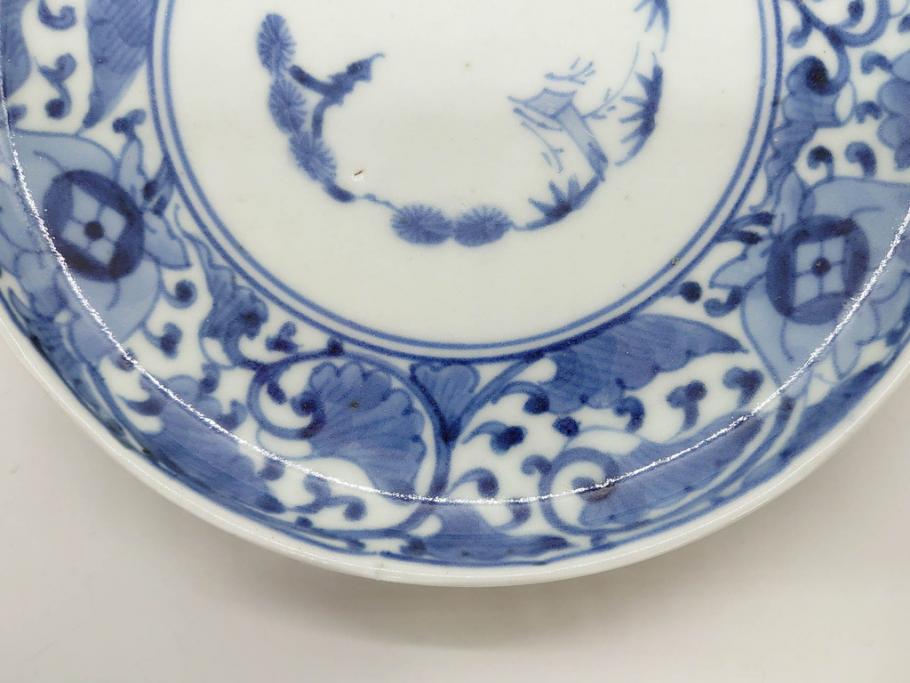 江戸期　古伊万里　染付　冨貴長春　松竹梅　牡丹唐草文様　約17cm　5.6寸　繊細な絵付けに魅了される中皿3枚セット(窓絵、和皿、和食器、五寸六分)(R-079573)