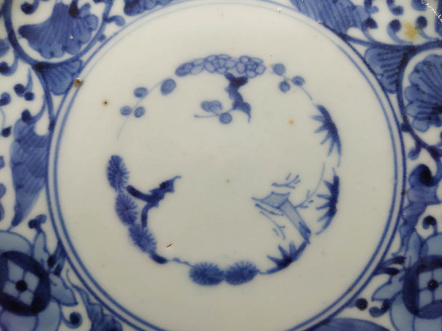 江戸期　古伊万里　染付　冨貴長春　松竹梅　牡丹唐草文様　約17cm　5.6寸　繊細な絵付けに魅了される中皿3枚セット(窓絵、和皿、和食器、五寸六分)(R-079573)