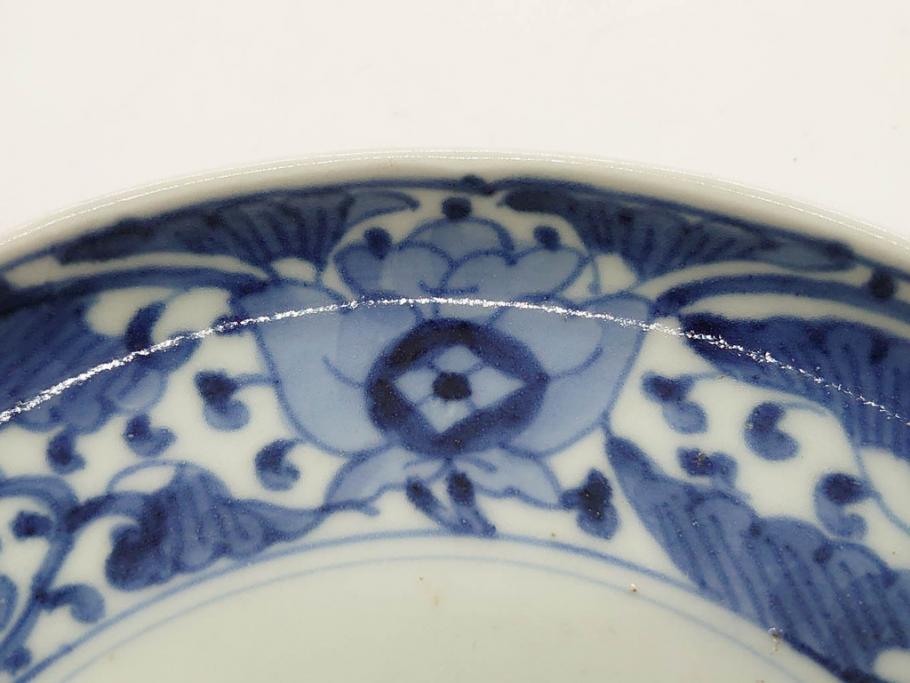 江戸期　古伊万里　染付　冨貴長春　松竹梅　牡丹唐草文様　約17cm　5.6寸　繊細な絵付けに魅了される中皿3枚セット(窓絵、和皿、和食器、五寸六分)(R-079573)