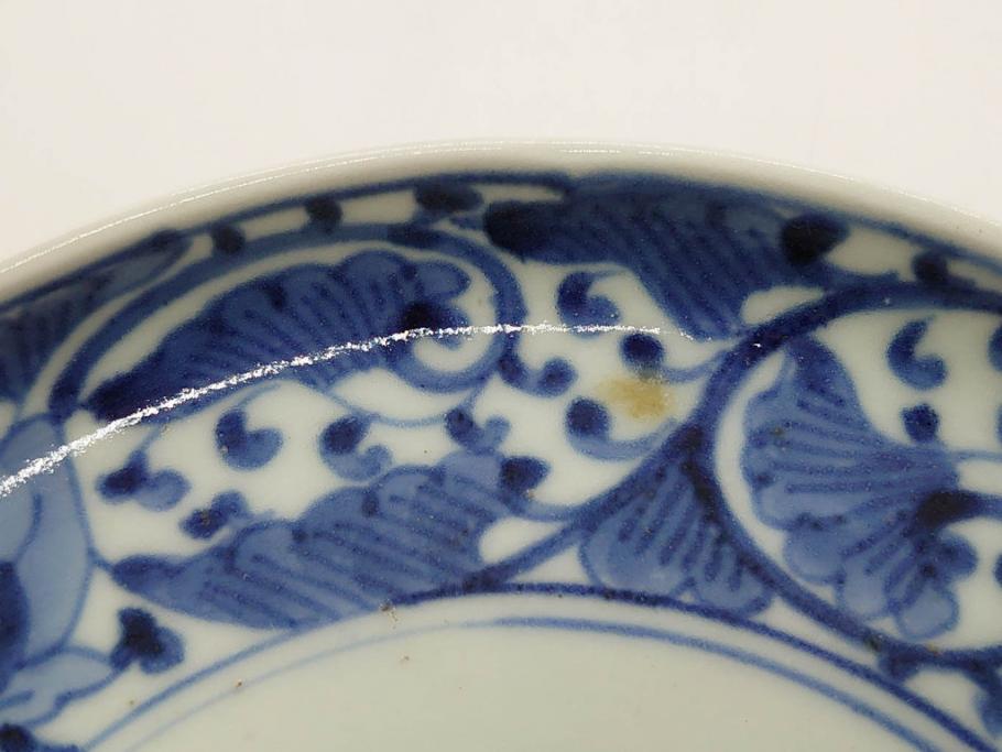 江戸期　古伊万里　染付　冨貴長春　松竹梅　牡丹唐草文様　約17cm　5.6寸　繊細な絵付けに魅了される中皿3枚セット(窓絵、和皿、和食器、五寸六分)(R-079573)