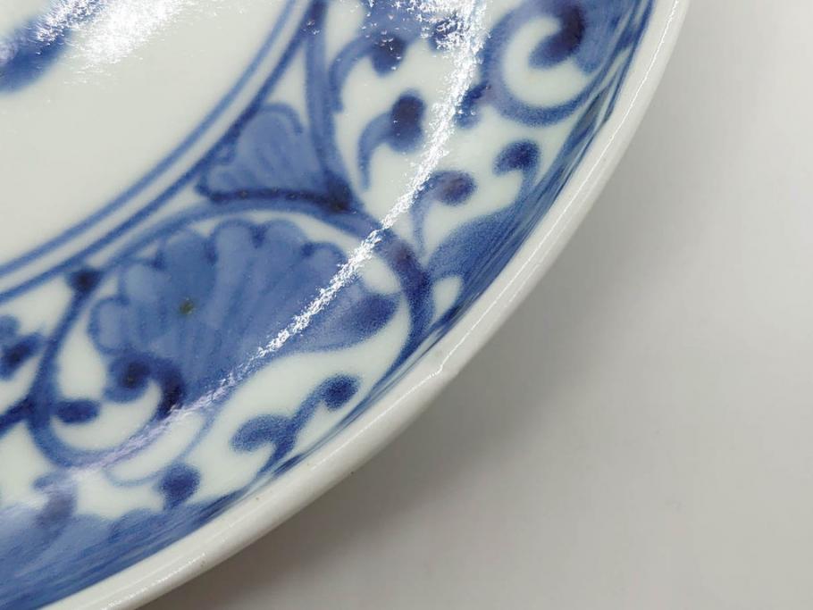 江戸期　古伊万里　染付　冨貴長春　松竹梅　牡丹唐草文様　約17cm　5.6寸　繊細な絵付けに魅了される中皿3枚セット(窓絵、和皿、和食器、五寸六分)(R-079573)