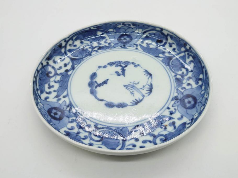 江戸期　古伊万里　染付　冨貴長春　松竹梅　牡丹唐草文様　約17cm　5.6寸　繊細な絵付けに魅了される中皿3枚セット(窓絵、和皿、和食器、五寸六分)(R-079573)