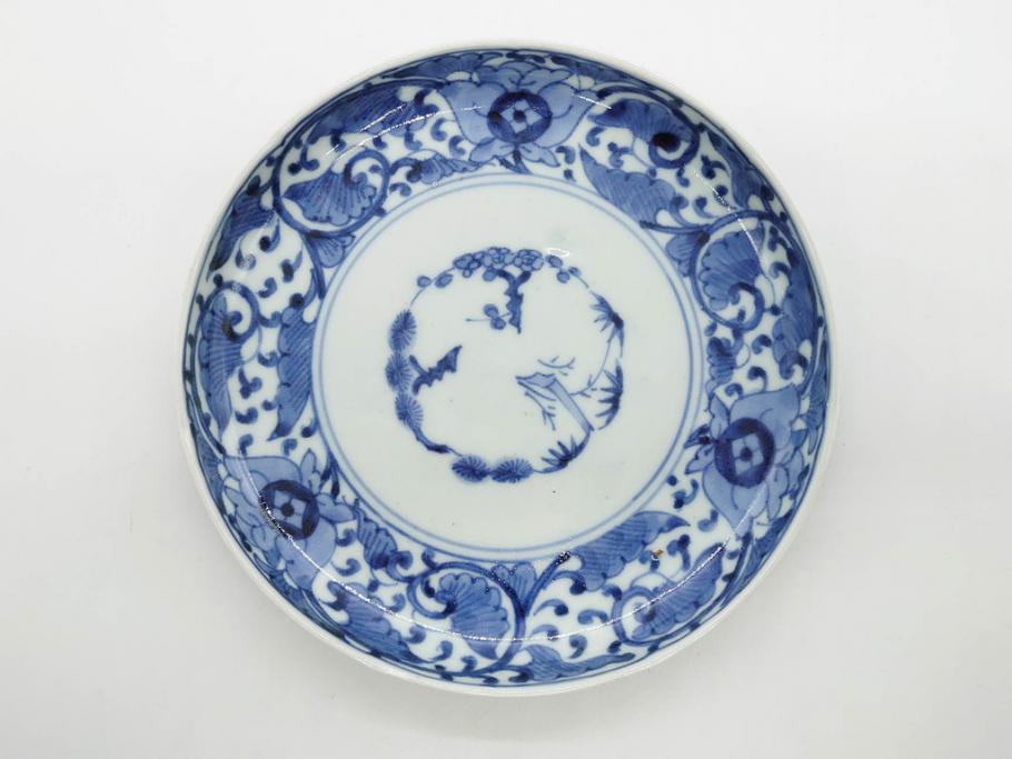 江戸期　古伊万里　染付　冨貴長春　松竹梅　牡丹唐草文様　約17cm　5.6寸　繊細な絵付けに魅了される中皿3枚セット(窓絵、和皿、和食器、五寸六分)(R-079573)