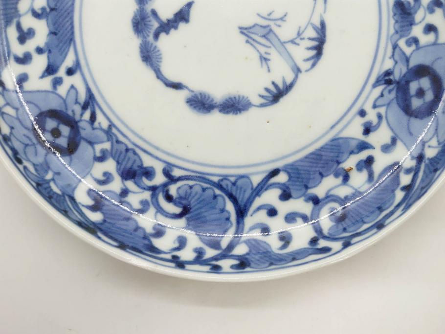 江戸期　古伊万里　染付　冨貴長春　松竹梅　牡丹唐草文様　約17cm　5.6寸　繊細な絵付けに魅了される中皿3枚セット(窓絵、和皿、和食器、五寸六分)(R-079573)