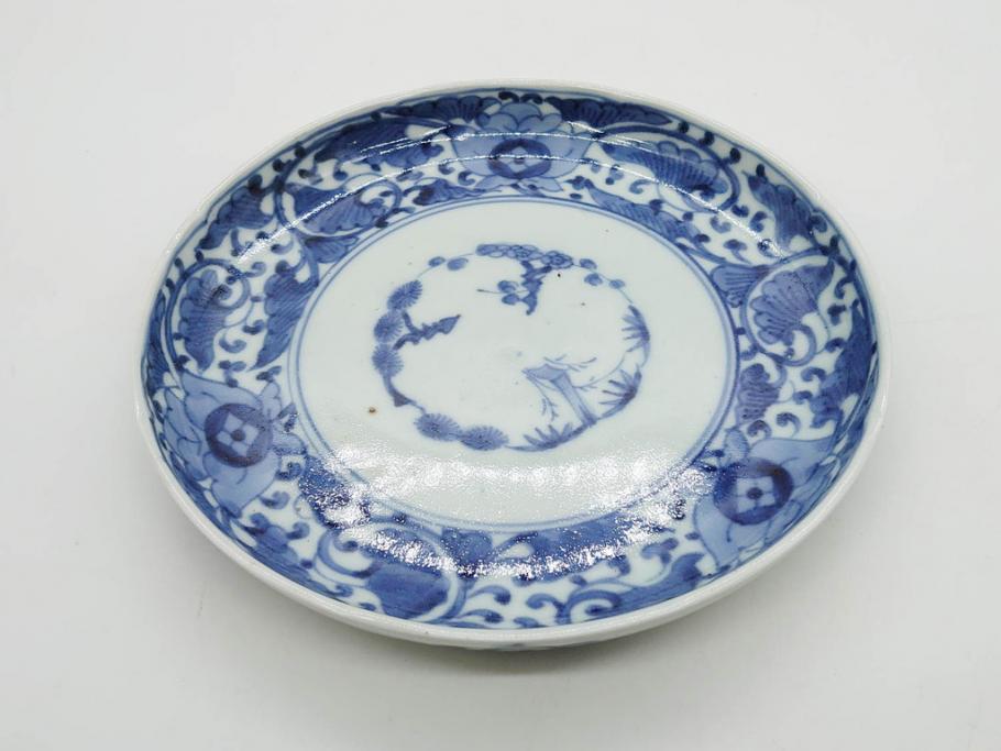 江戸期　古伊万里　染付　冨貴長春　松竹梅　牡丹唐草文様　約17cm　5.6寸　繊細な絵付けに魅了される中皿3枚セット(窓絵、和皿、和食器、五寸六分)(R-079573)