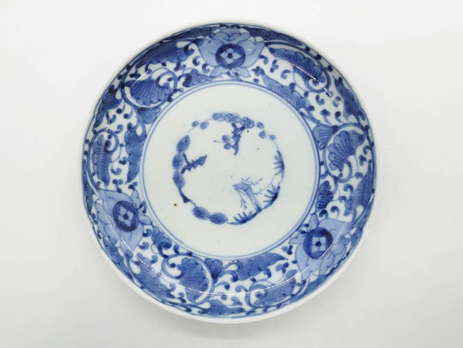 江戸期　古伊万里　染付　冨貴長春　松竹梅　牡丹唐草文様　約17cm　5.6寸　繊細な絵付けに魅了される中皿3枚セット(窓絵、和皿、和食器、五寸六分)(R-079573)