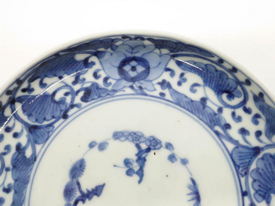 江戸期　古伊万里　染付　冨貴長春　松竹梅　牡丹唐草文様　約17cm　5.6寸　繊細な絵付けに魅了される中皿3枚セット(窓絵、和皿、和食器、五寸六分)(R-079573)