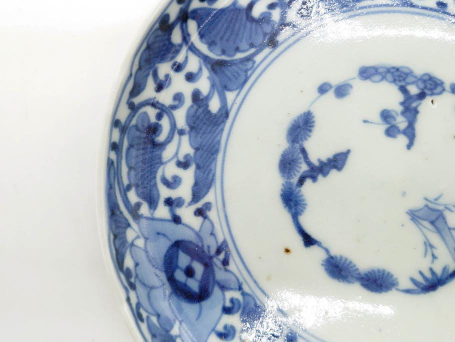 江戸期　古伊万里　染付　冨貴長春　松竹梅　牡丹唐草文様　約17cm　5.6寸　繊細な絵付けに魅了される中皿3枚セット(窓絵、和皿、和食器、五寸六分)(R-079573)