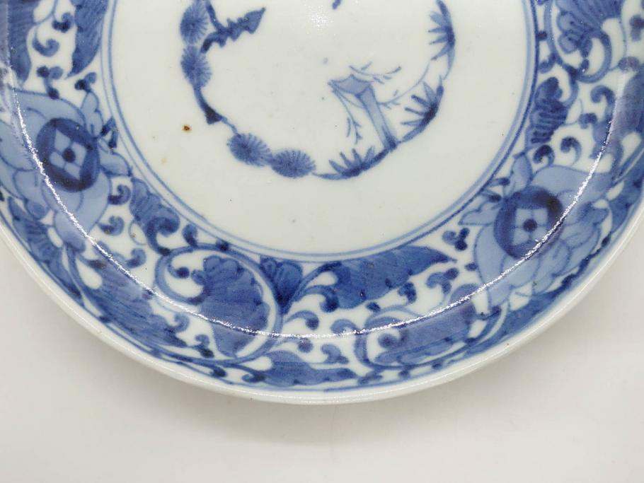 江戸期　古伊万里　染付　冨貴長春　松竹梅　牡丹唐草文様　約17cm　5.6寸　繊細な絵付けに魅了される中皿3枚セット(窓絵、和皿、和食器、五寸六分)(R-079573)