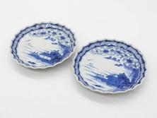 江戸期　古伊万里　染付　山水図　5.7寸　細部まで絵付けされた見事な中皿2枚セット(風景、和皿、和食器、なます皿、変形皿、五寸七分)(R-079575)