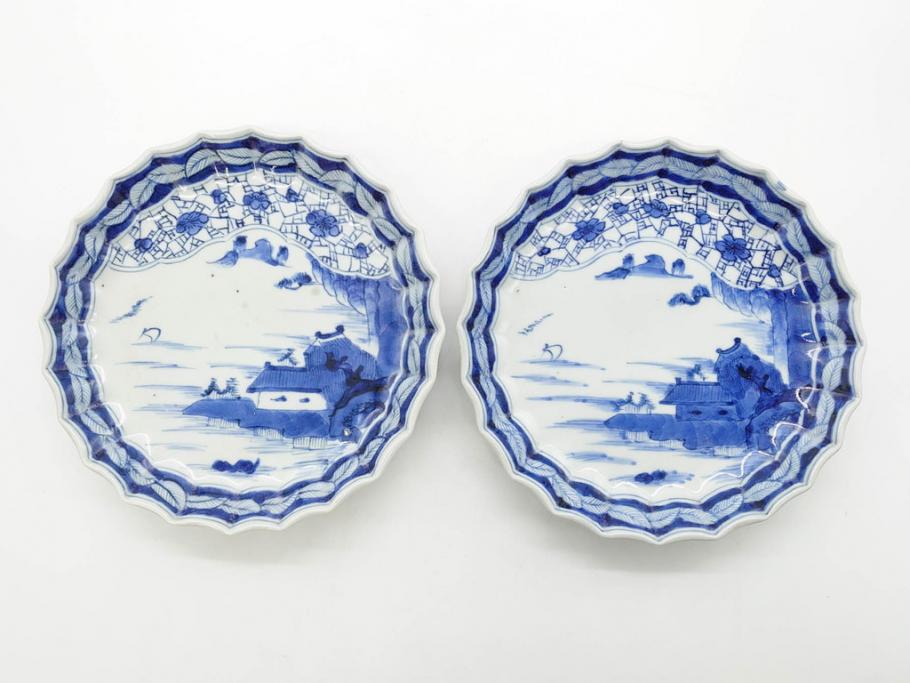 江戸期　古伊万里　染付　山水図　5.7寸　細部まで絵付けされた見事な中皿2枚セット(風景、和皿、和食器、なます皿、変形皿、五寸七分)(R-079575)